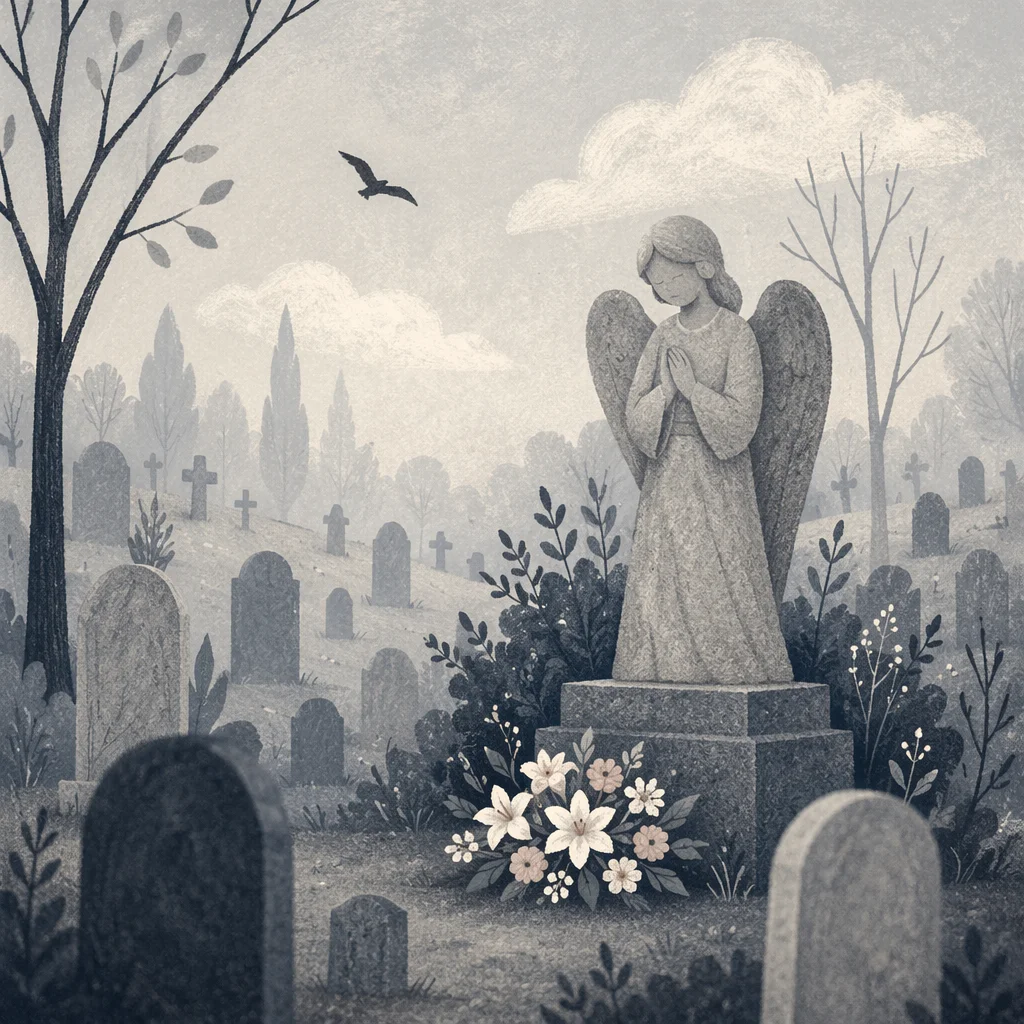Peaceful Cemetery Memorial at Dawn Mist