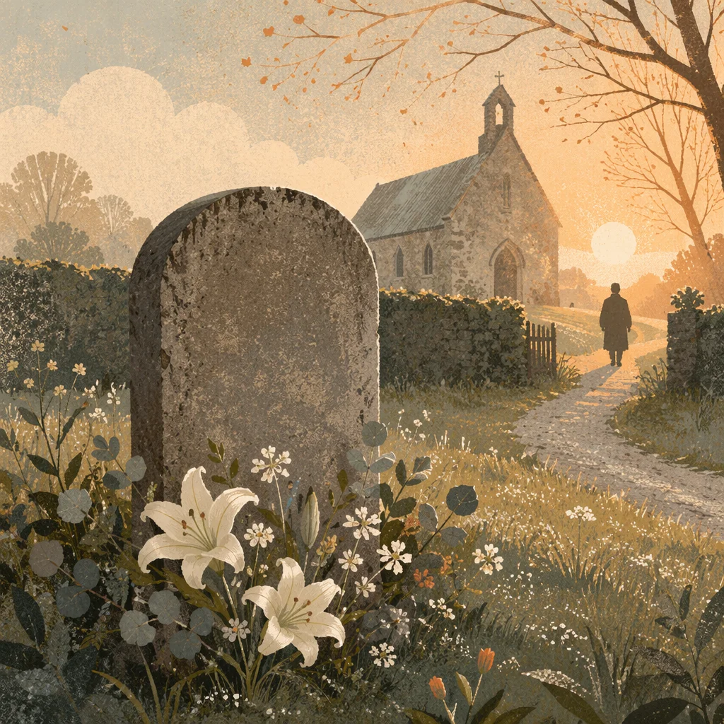 Peaceful Churchyard Headstone with White Lilies