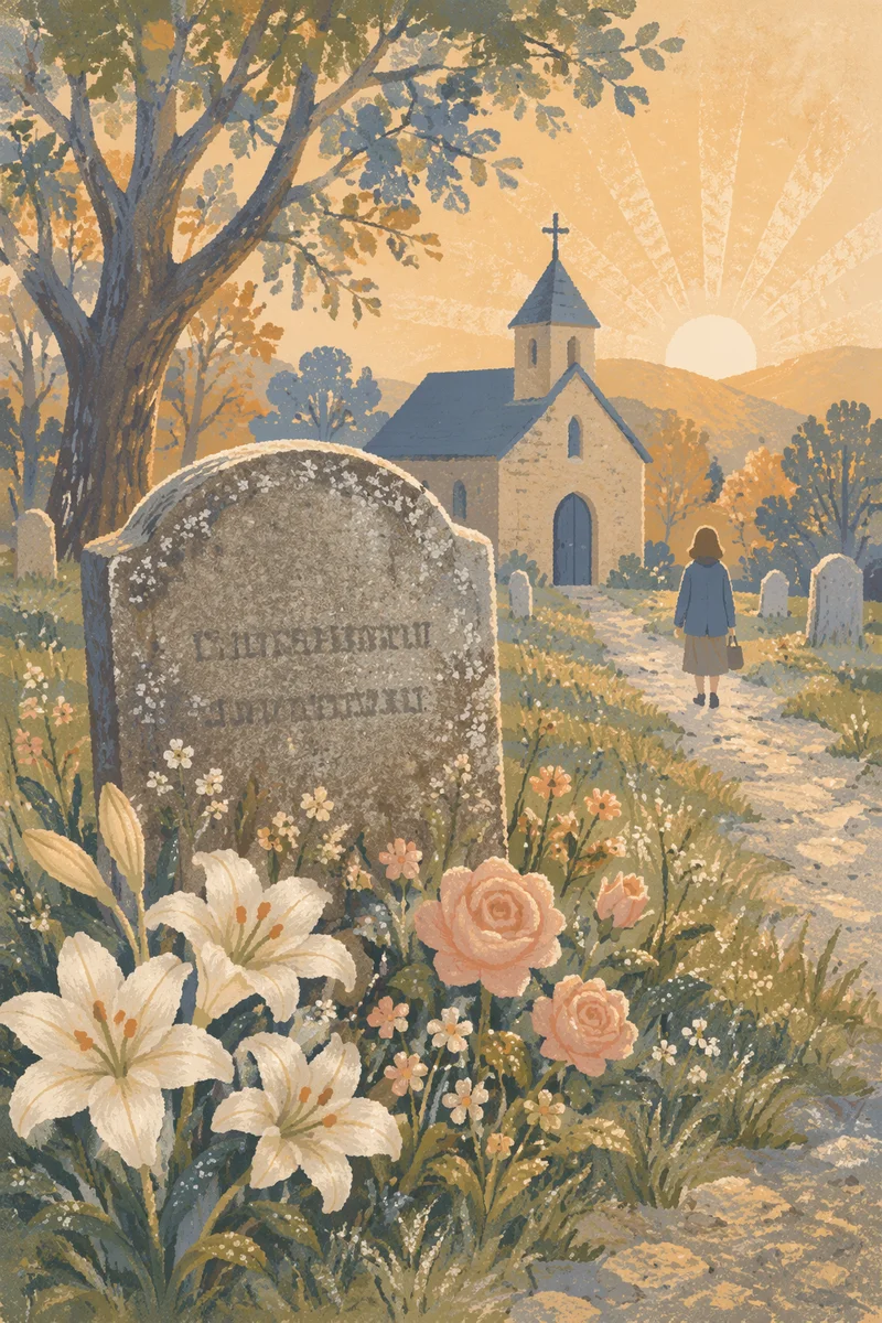 Peaceful Churchyard Headstone with Morning Flowers
