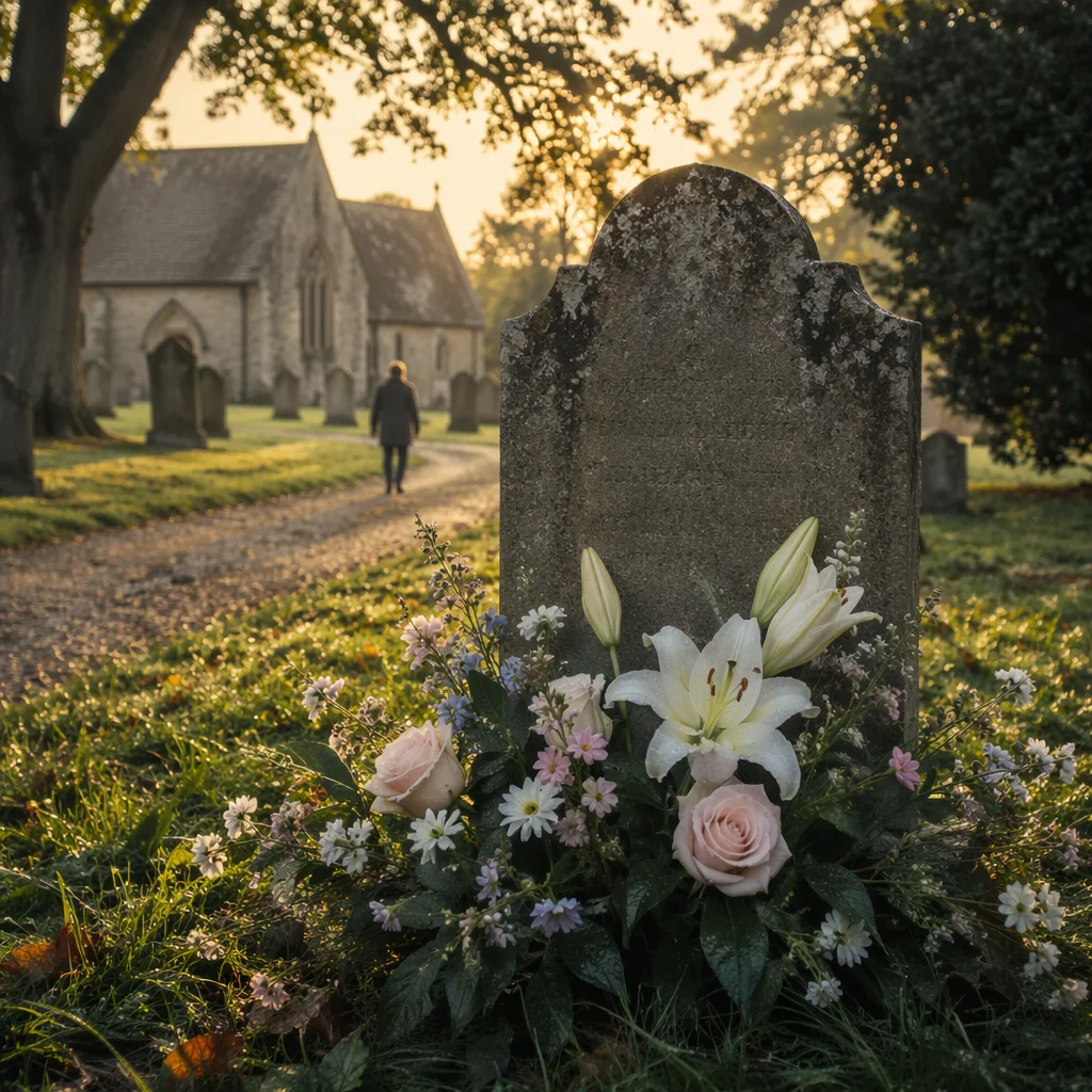Peaceful Churchyard Headstone at Sunrise