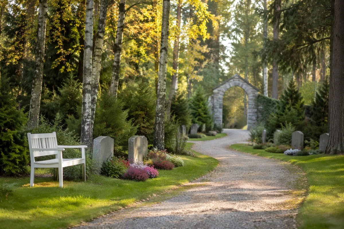 Peaceful Cemetery Path with Headstones and Flowers