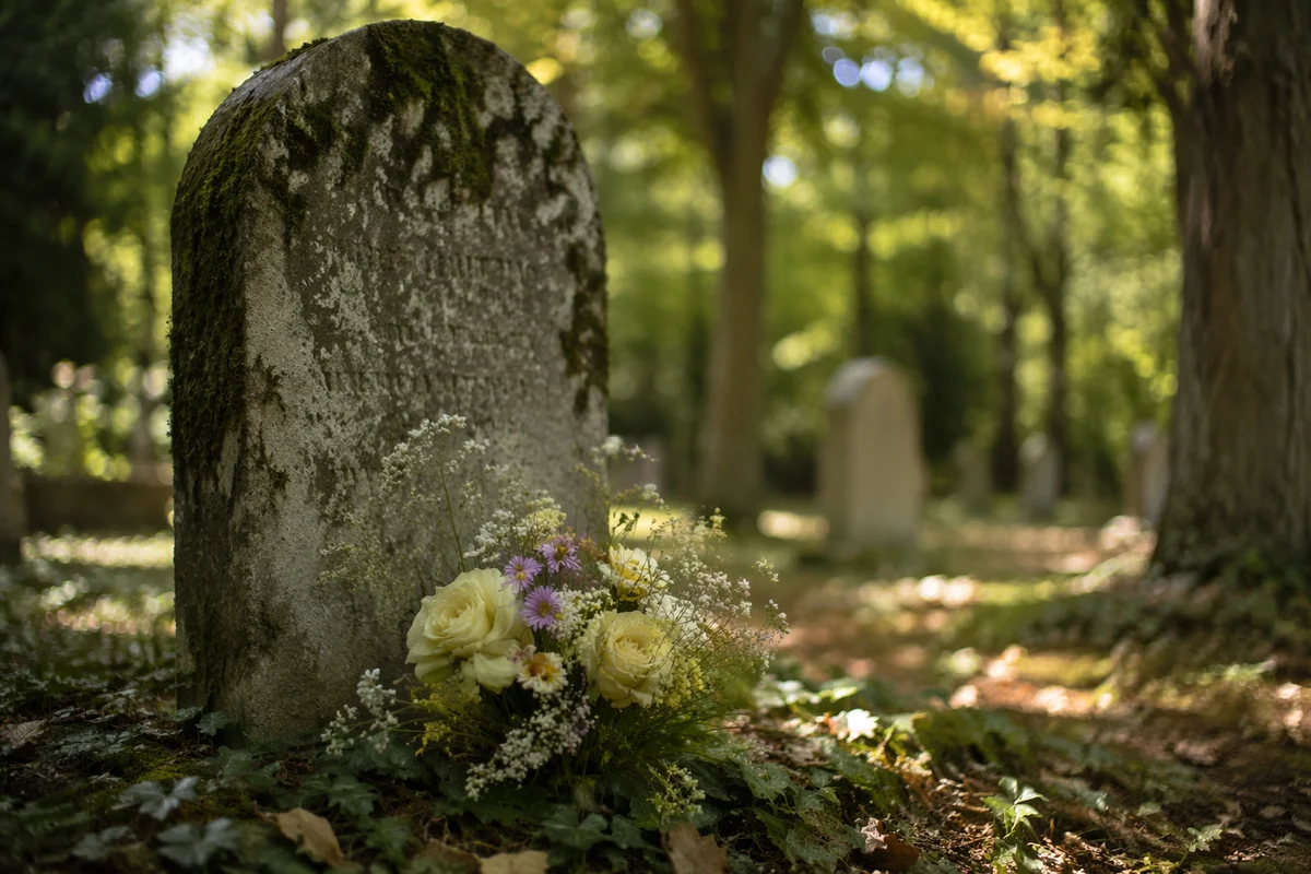 Peaceful Cemetery Headstone with Wildflowers