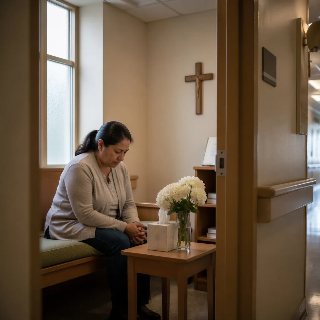 Woman Seated in Hospital Prayer Chapel