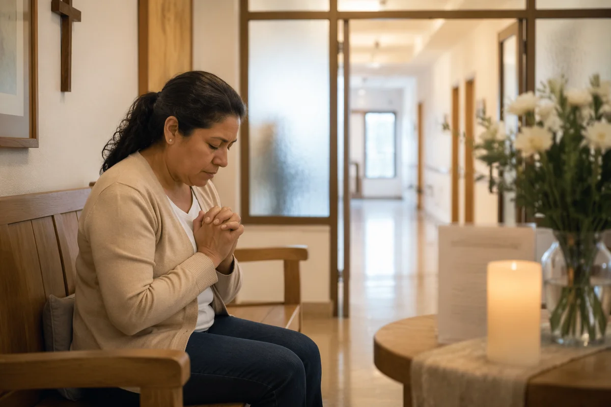 Woman Praying in Quiet Hospital Chapel