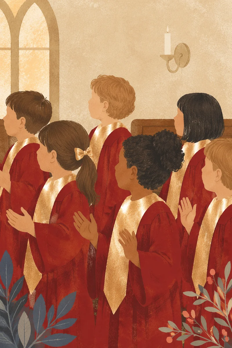 Children Singing in Crimson Choir Robes