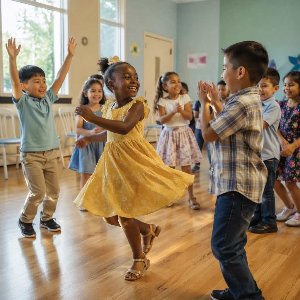 Joyful Children Dancing in Community Hall
