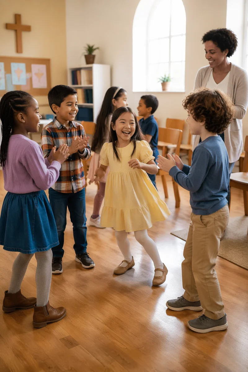Joyful Children Dancing in Church Classroom