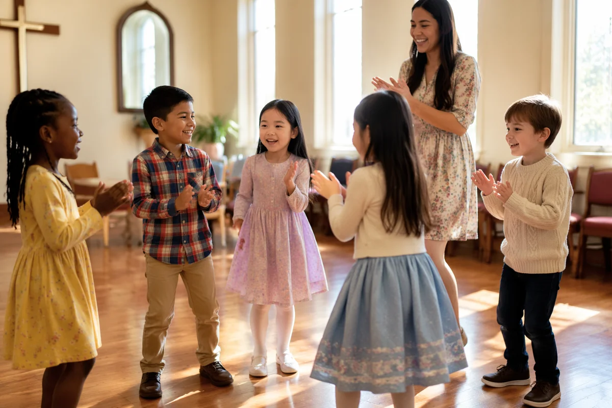 Joyful Children Dancing in Church Hall