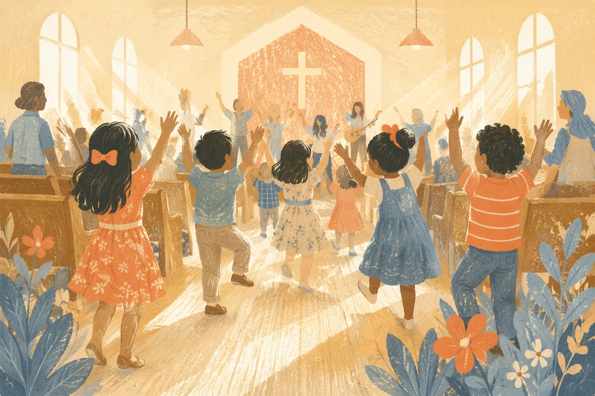 Joyful Children Worship in Sunlit Church