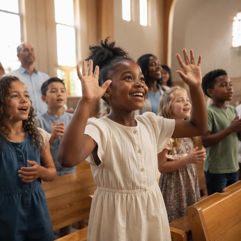 Joyful Children Worshipping in Modern Church