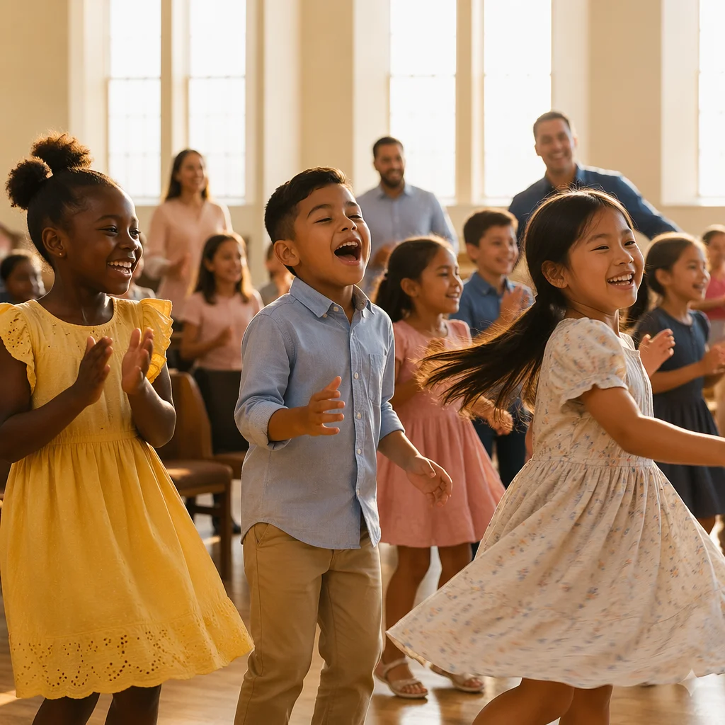 Joyful Children Singing in Modern Church