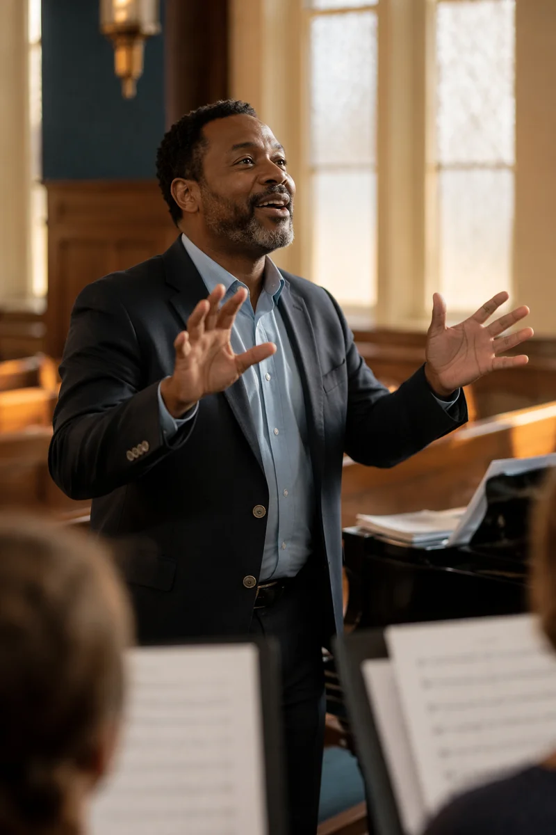 Choir Director Leading Rehearsal in Sunlit Sanctuary