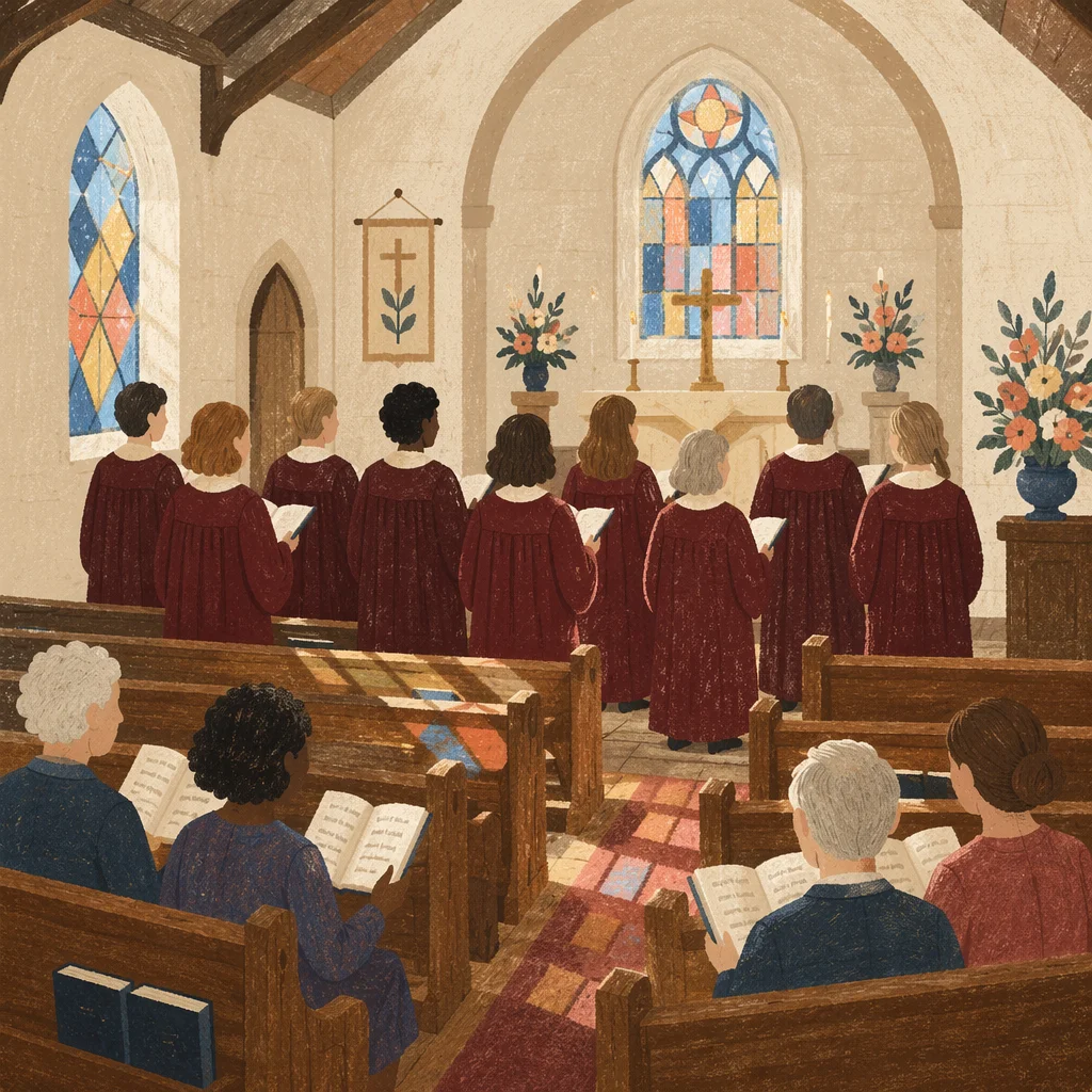 Church Choir Singing in Burgundy Robes
