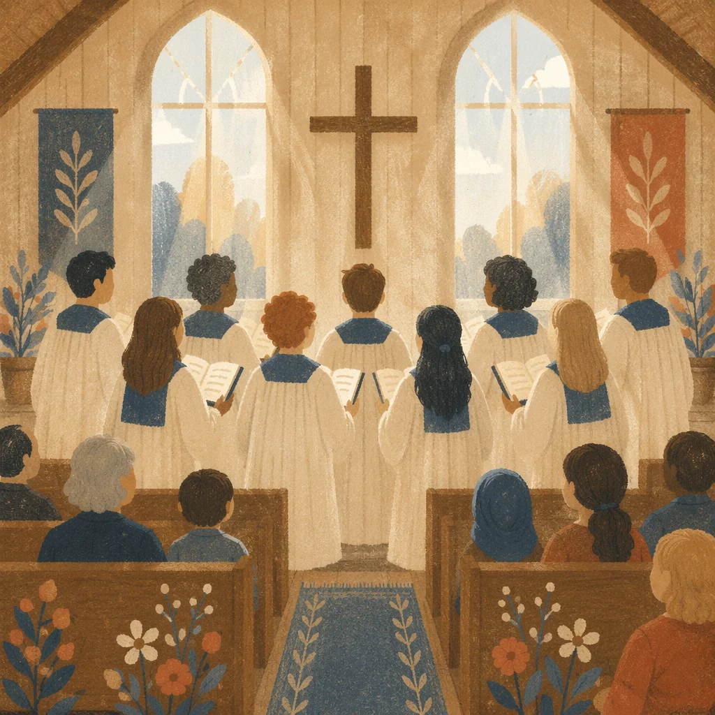 Reverent Church Choir in Wooden Chapel