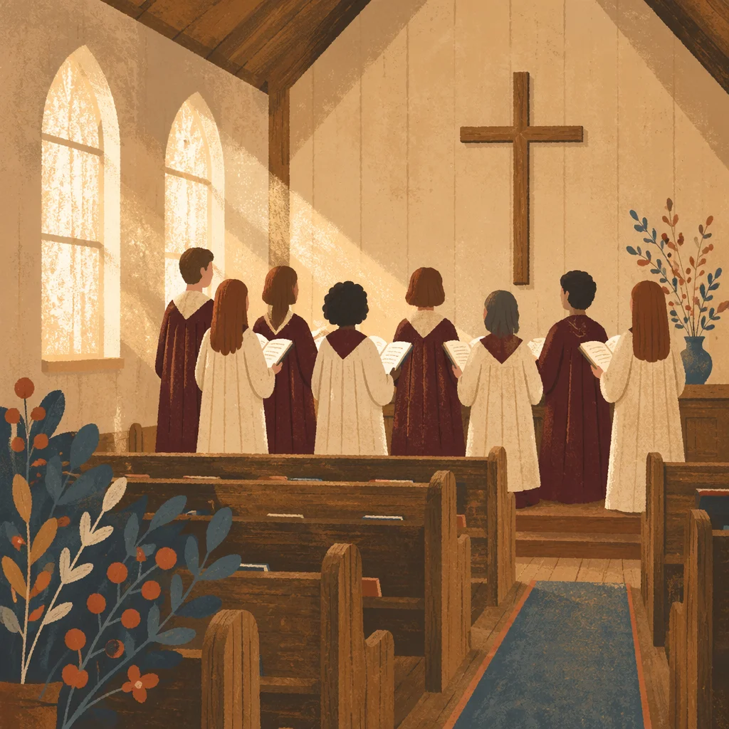 Church Choir in Burgundy Robes Singing
