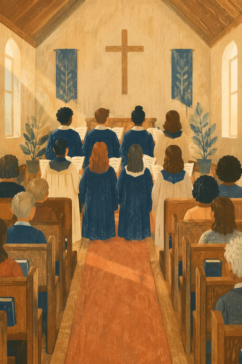 Reverent Choir in Wooden Church Robes