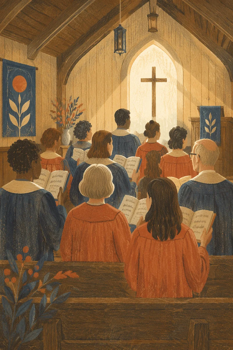 Reverent Church Choir in Wooden Sanctuary