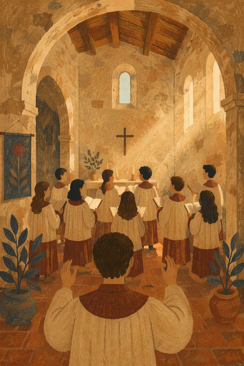 Church Choir Singing in Rustic Chapel