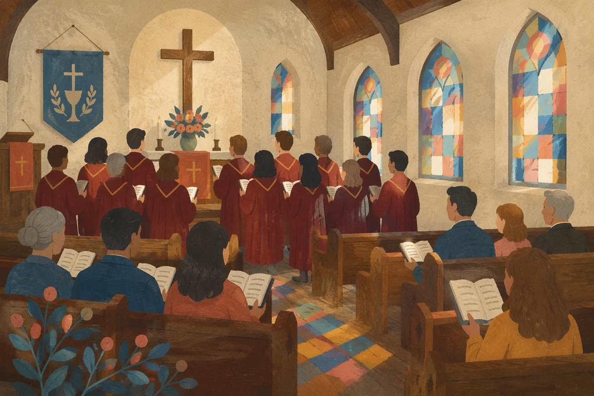 Church Choir Singing in Burgundy Robes