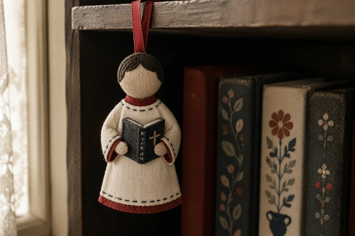 Handmade Choir Singer Ornament on Church Bookshelf