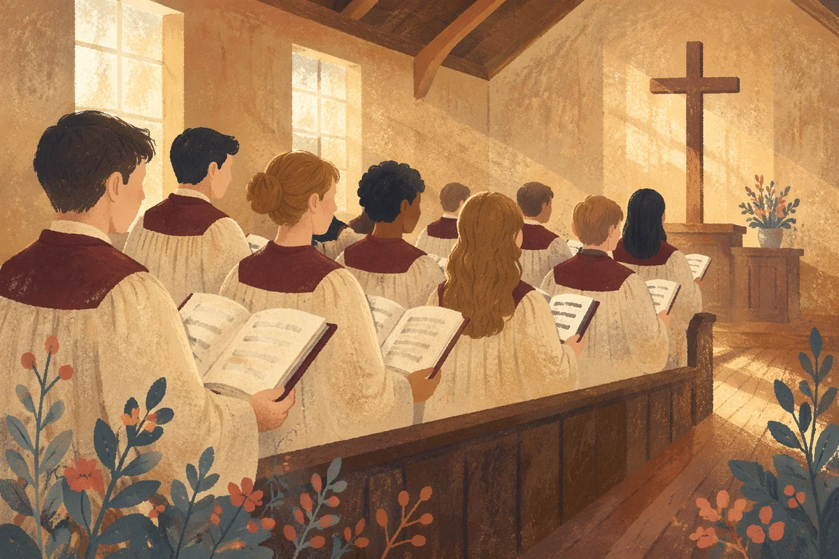 Church Choir Singing in Warm Chapel Light