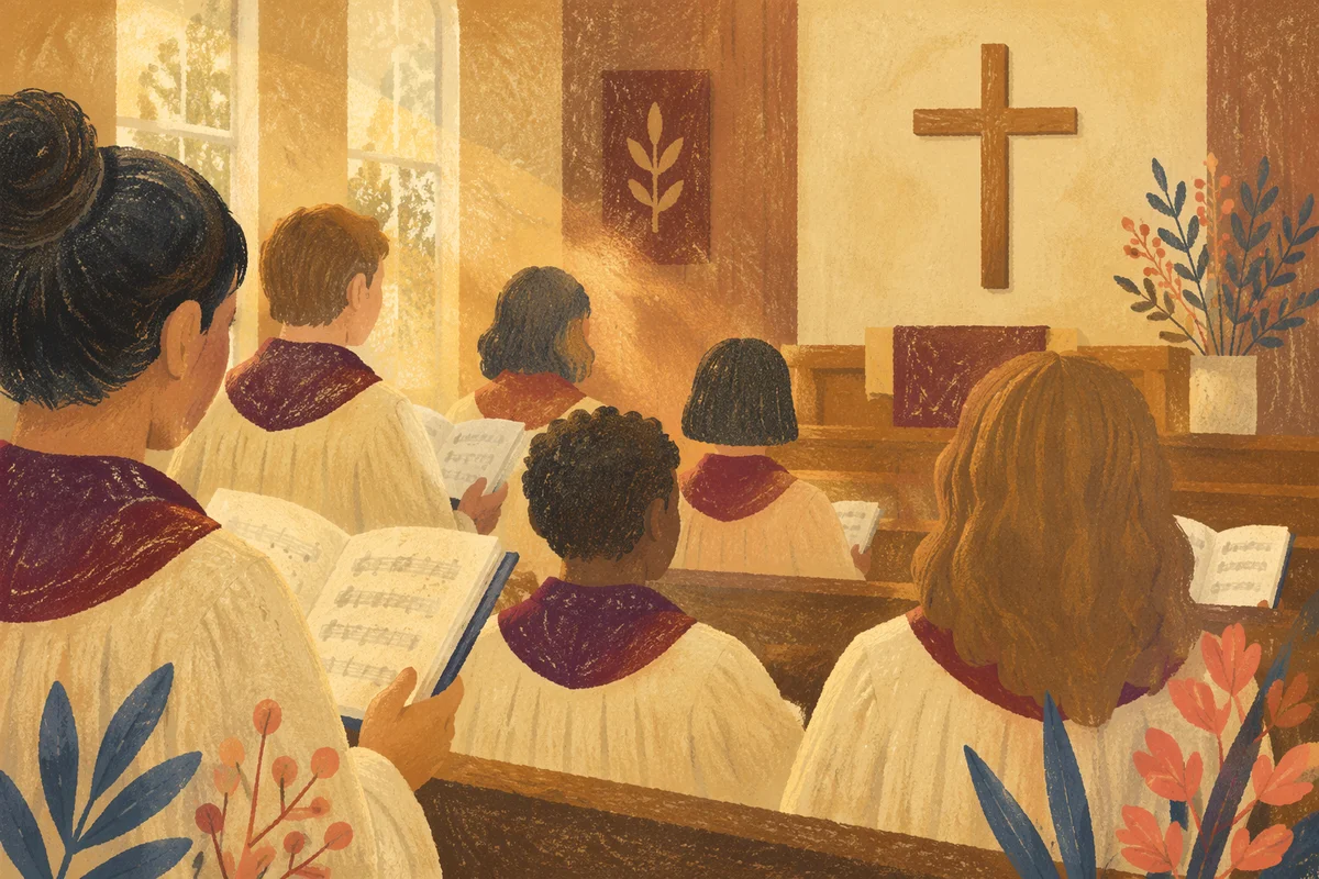 Church Choir Singing in Burgundy Robes