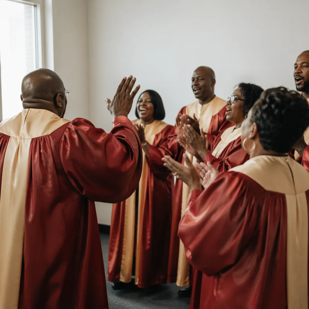 Joyful Church Choir Rehearsal in Red Robes