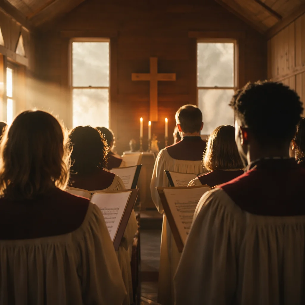 Reverent Church Choir in Burgundy Robes