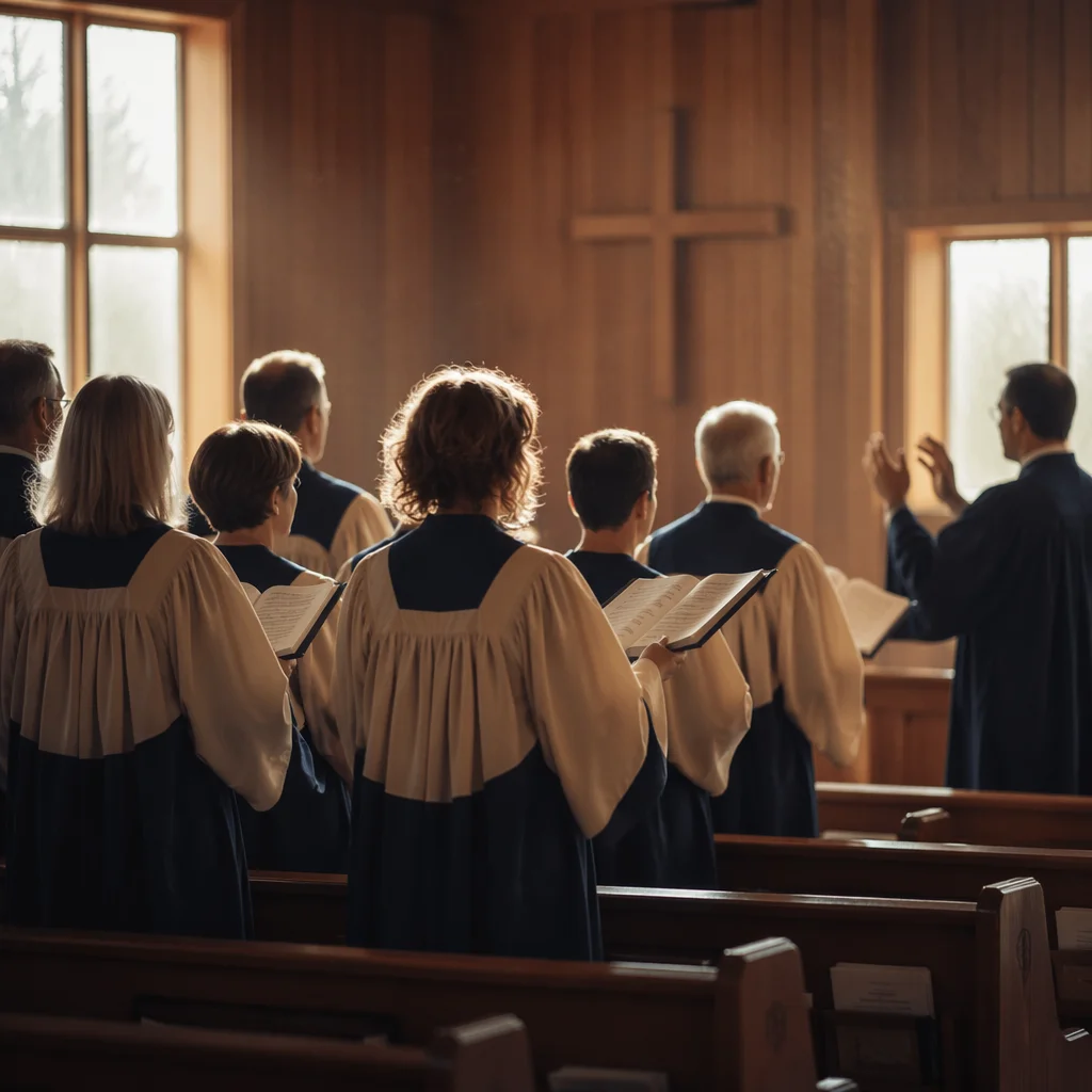 Reverent Church Choir Singing in Robes