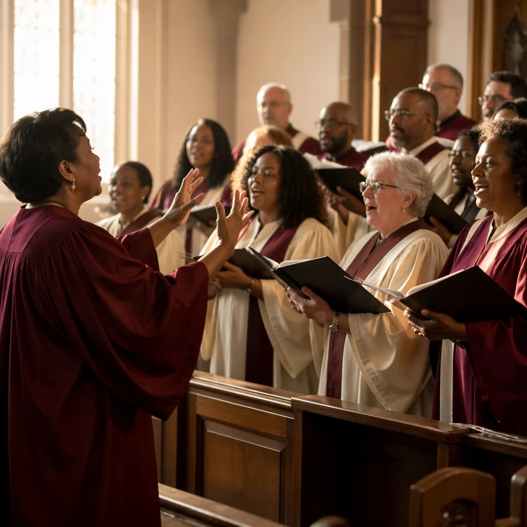 Church Choir Rehearsal in Traditional Sanctuary