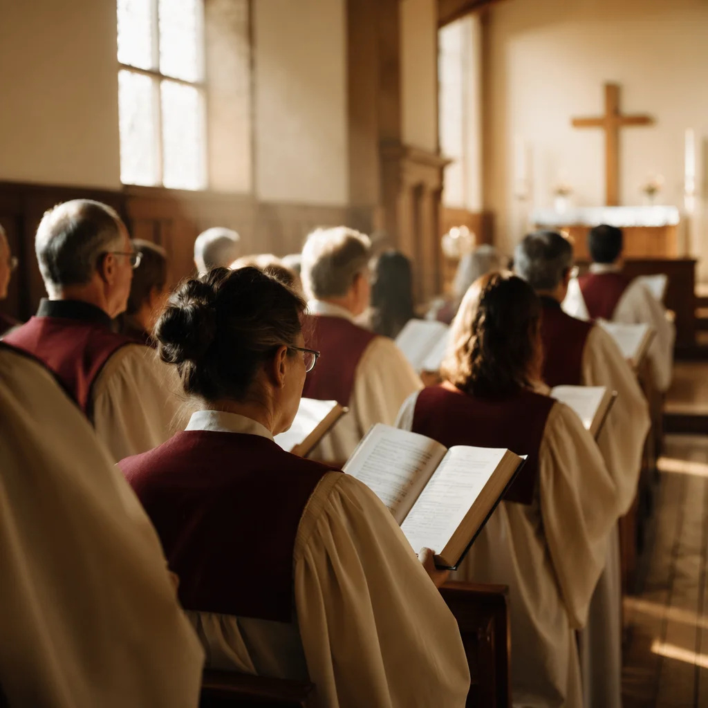 Church Choir Singing in Burgundy Robes