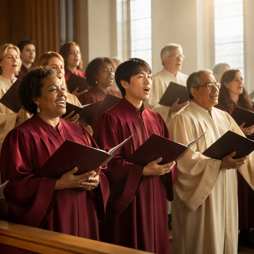 Diverse Choir Singing in Church Sanctuary