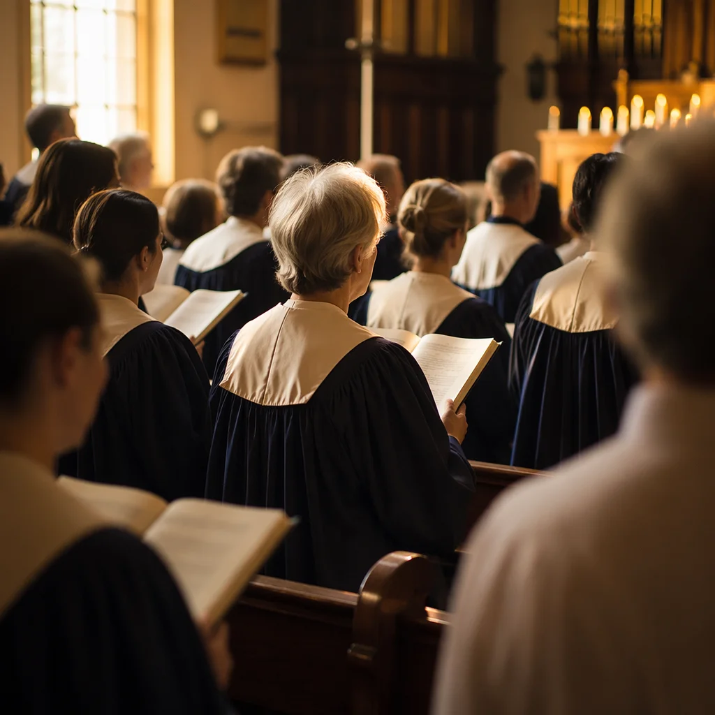 Church Choir Singing in Warm Wooden Sanctuary