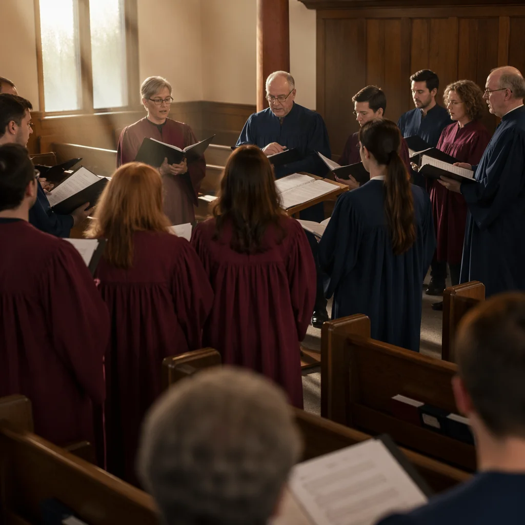 Church Choir Rehearsing in Warm Sanctuary