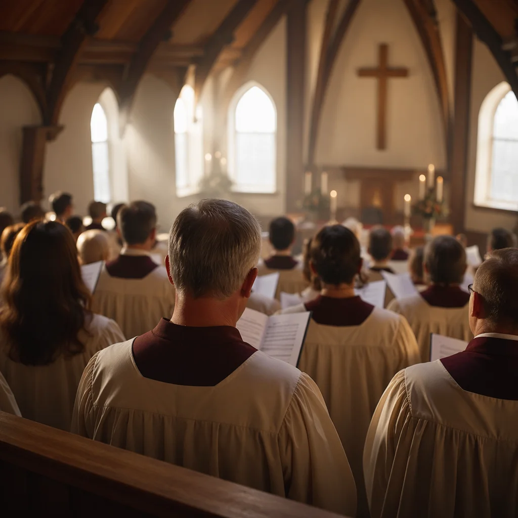 Church Choir Singing Toward Simple Cross