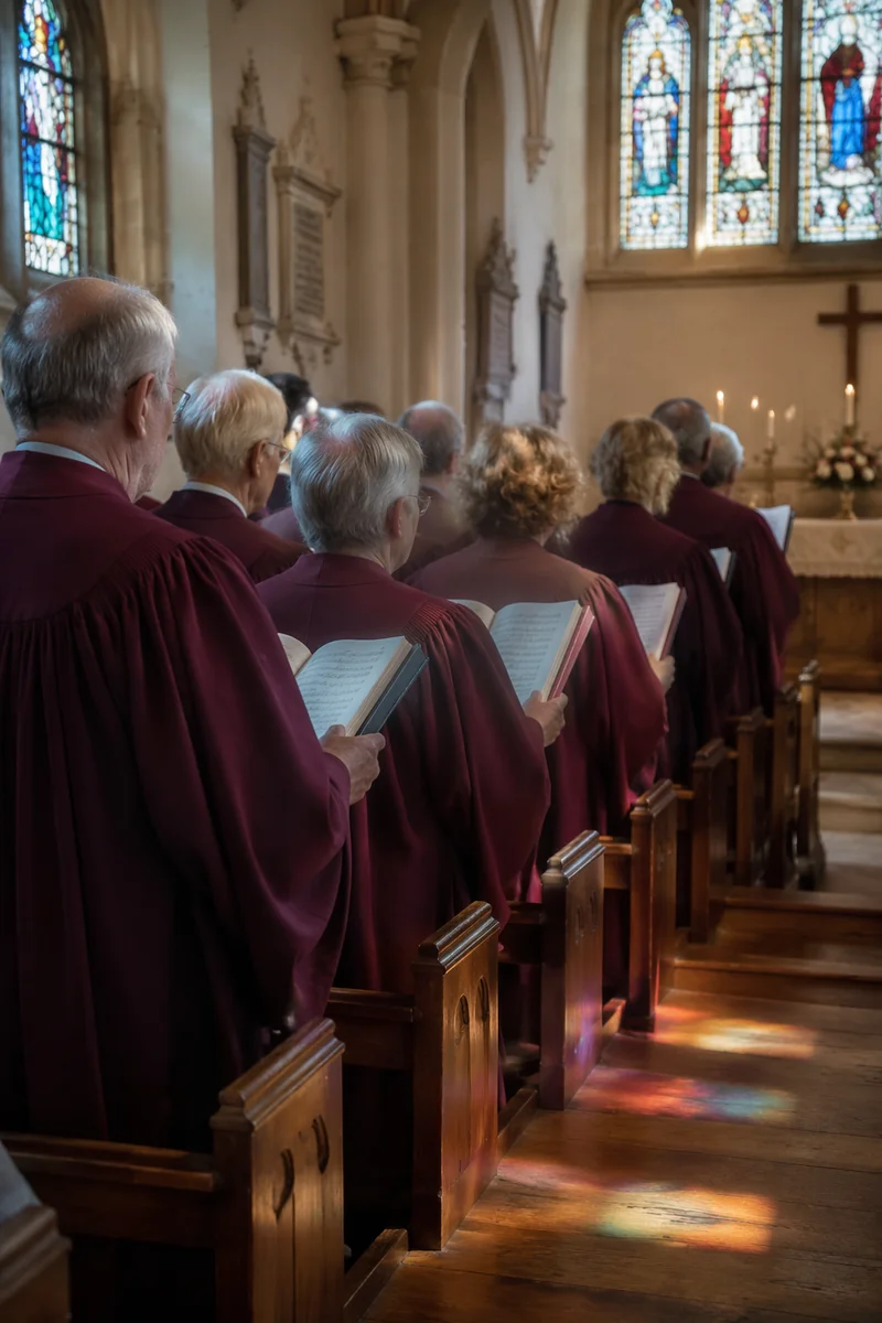 Church Choir Singing in Burgundy Robes