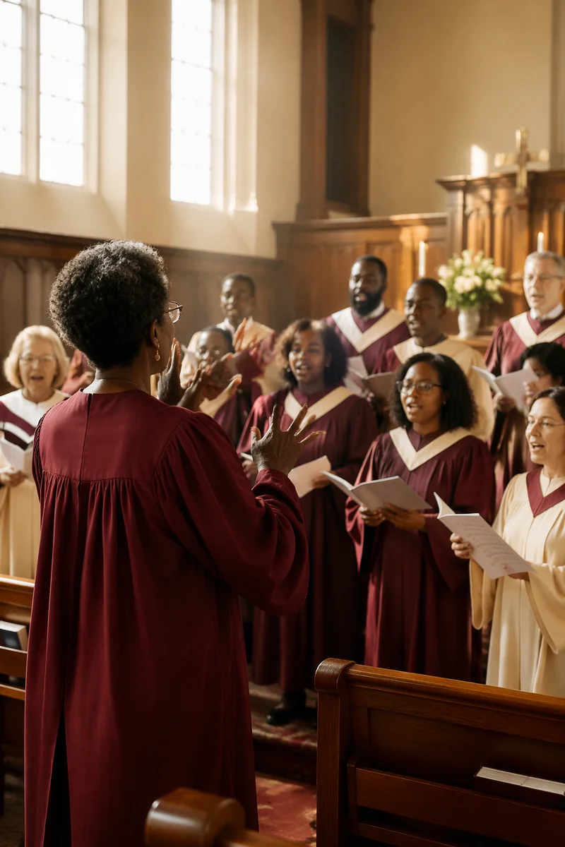 Diverse Church Choir Rehearsal in Sanctuary