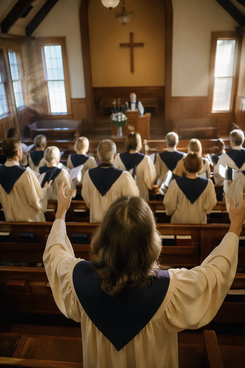 Church Choir Singing in Wooden Sanctuary