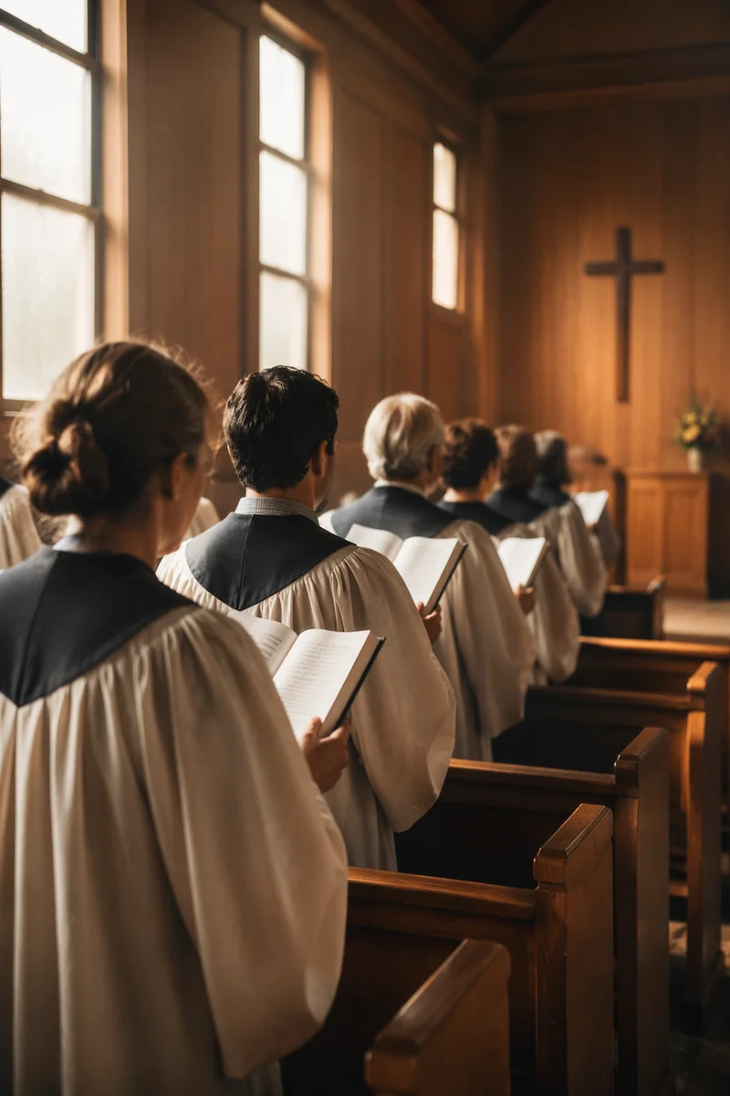 Reverent Church Choir in Morning Worship