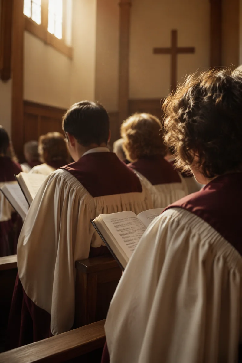 Reverent Church Choir in Burgundy Robes