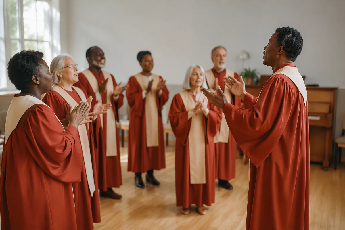 Small Church Choir Rehearsing in Rust Robes