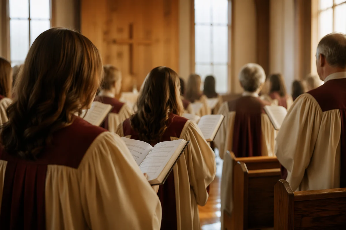 Reverent Church Choir Singing in Robes