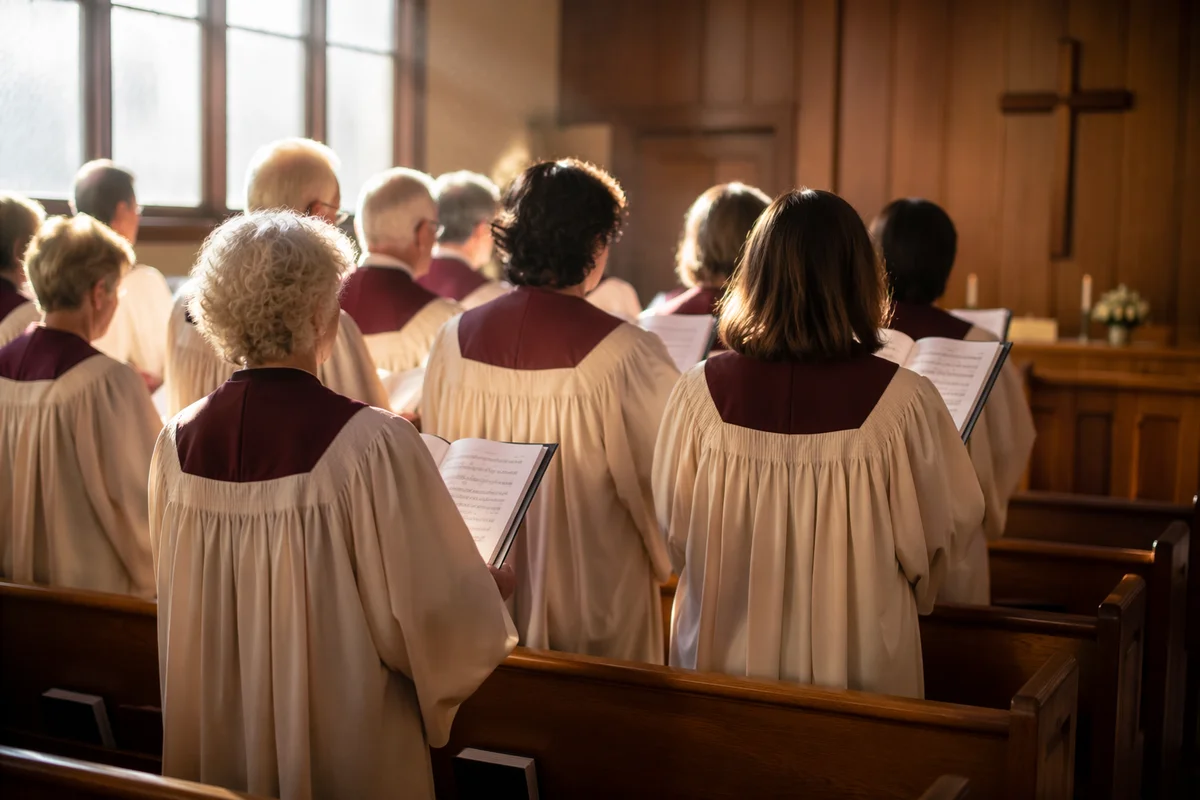 Church Choir Singing in Burgundy Robes