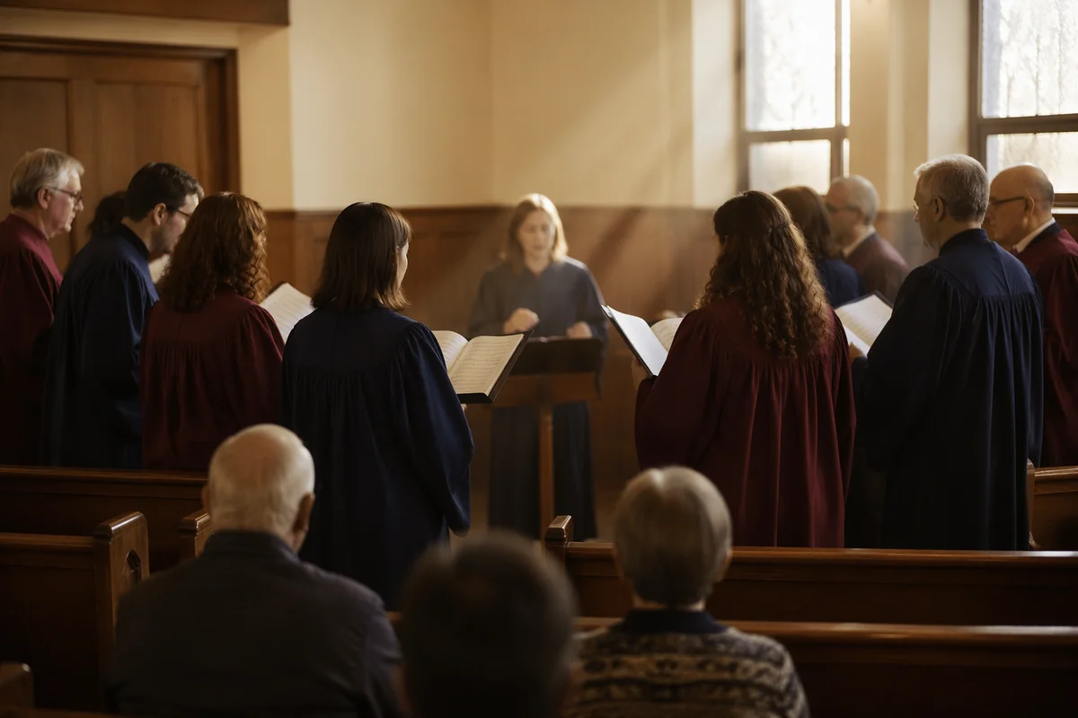 Church Choir Rehearsing in Warm Sanctuary