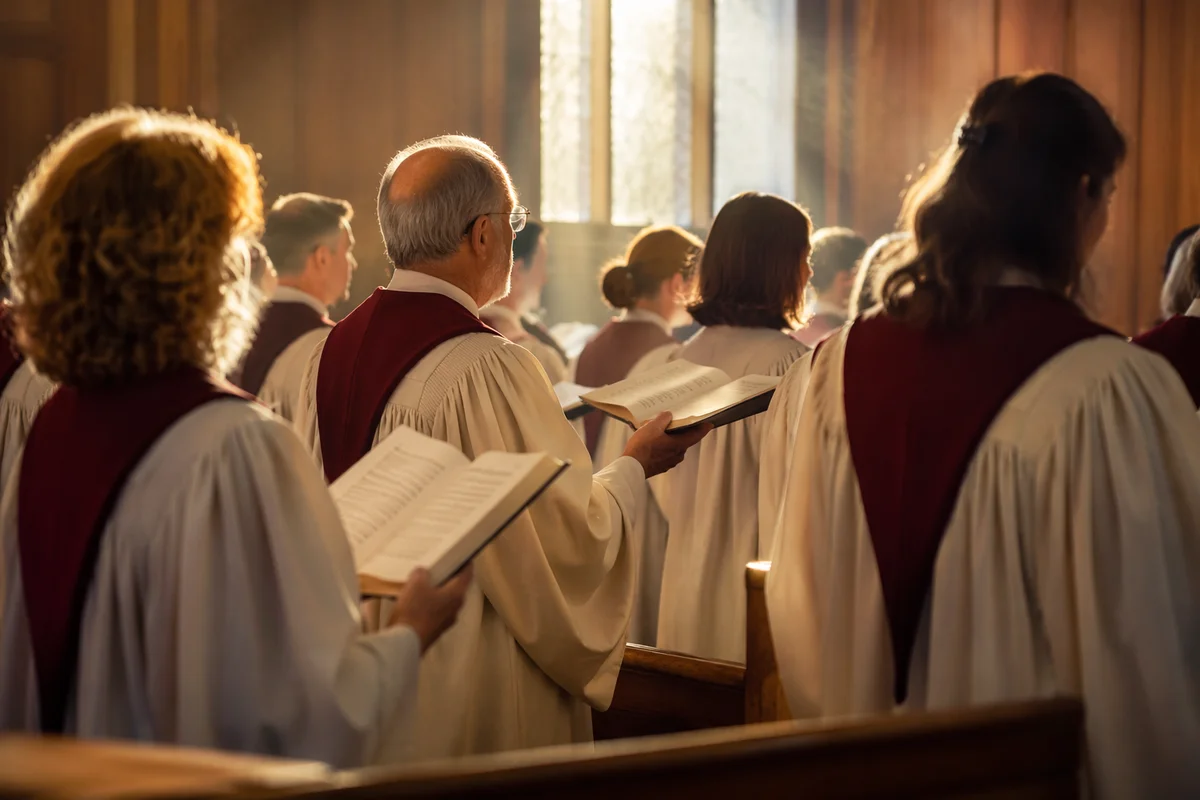 Church Choir Singing in Warm Wooden Sanctuary