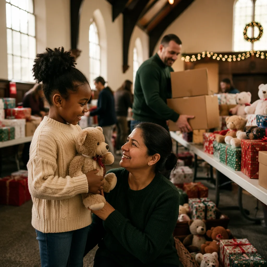 Children and Volunteers at Christmas Toy Drive