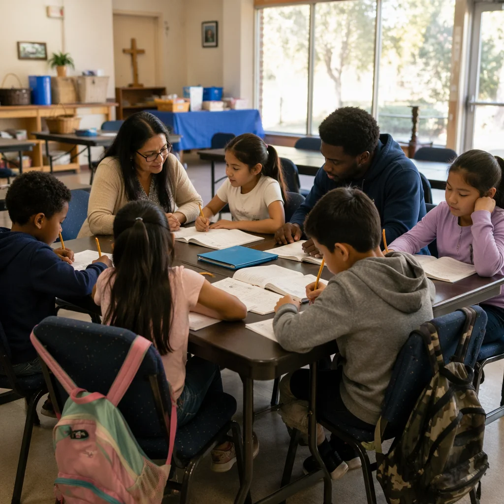 Children Studying in Bright Community Classroom