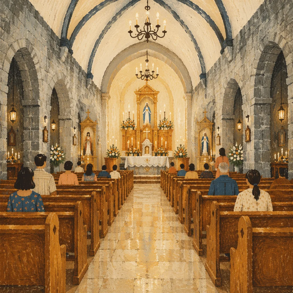 Historic Church Aisle Toward Glowing Altar