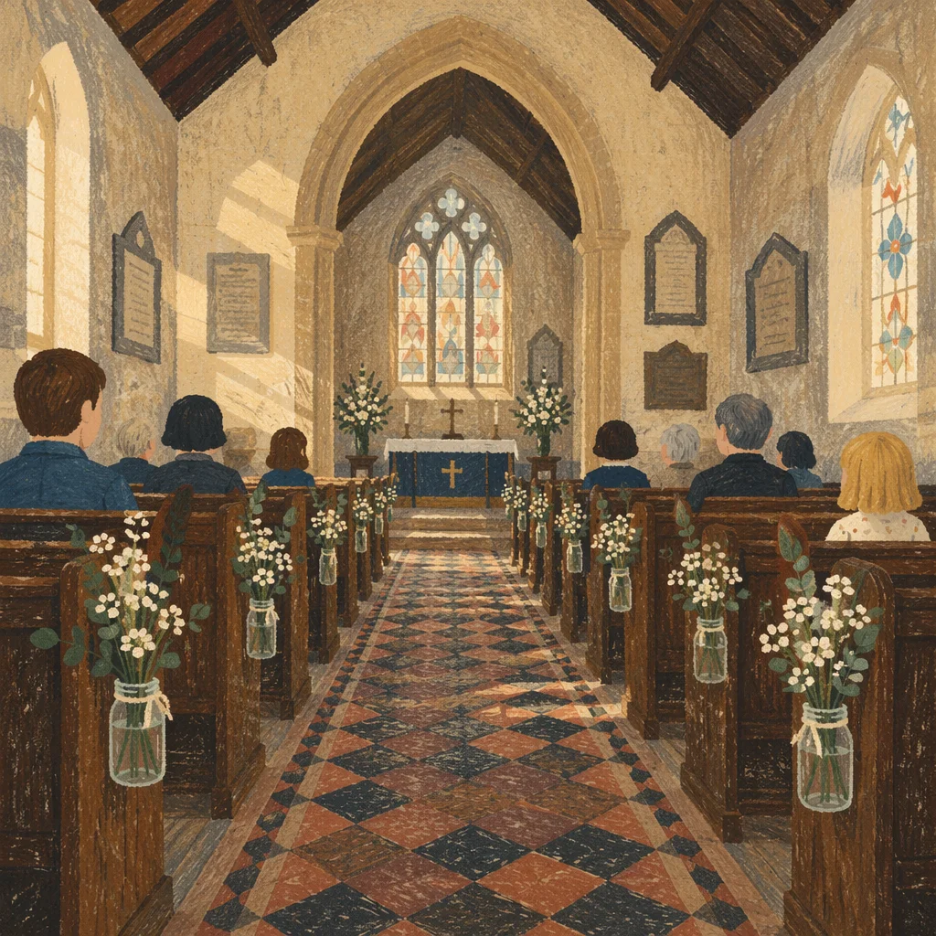 Quiet Church Aisle Toward Softly Lit Altar
