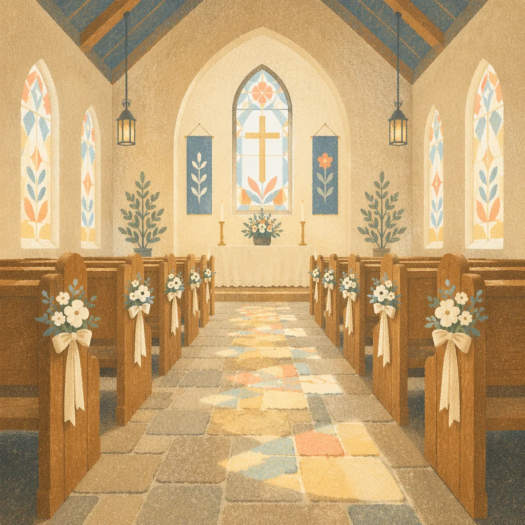 Peaceful Church Aisle Toward Softly Lit Altar